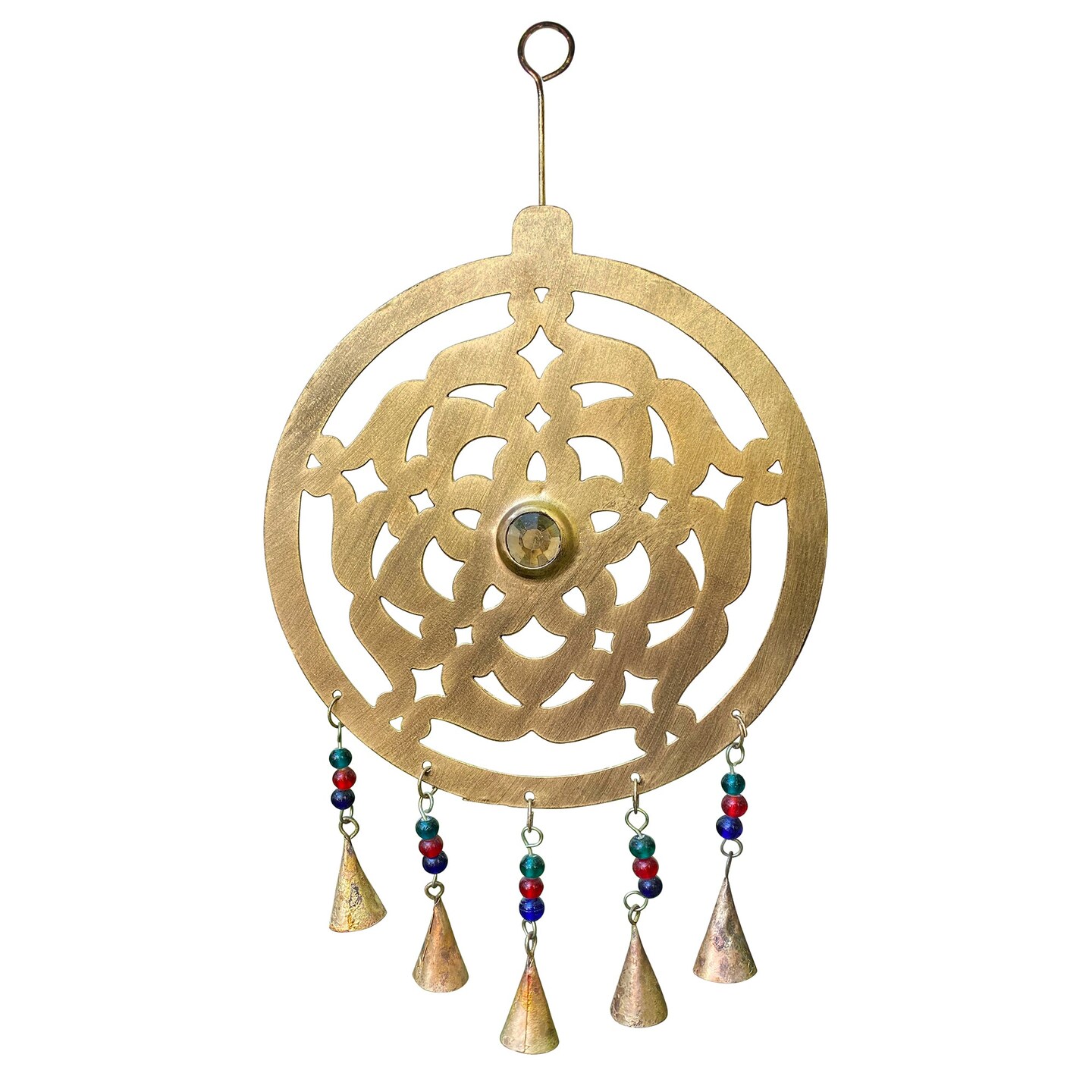 Celtic Wind Chime with Brass Cut-Out Design and Glass Beads Garden or Wall Hanging Decor