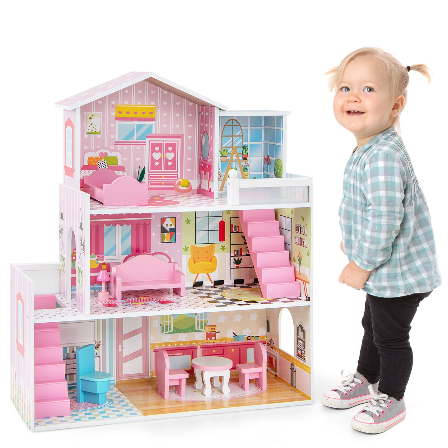 Kids Wooden Dollhouse Playset with 5 Rooms and Furniture for Imaginative Play