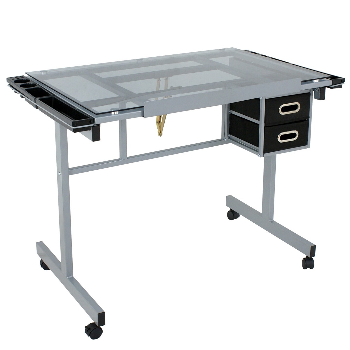 Adjustable Glass Drafting Table on Wheels – Drawing Desk with Storage Drawer