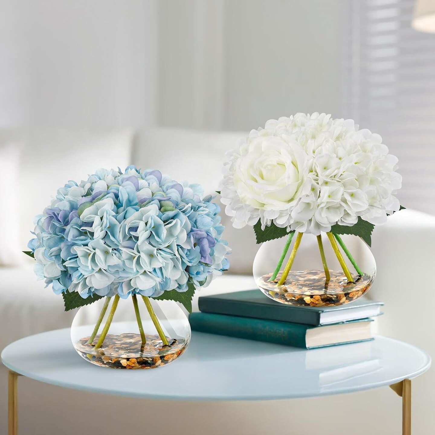 Artificial Hydrangea Flowers with Vase Blue Silk Fake Flowers Faux Hydrangea Flowers with Faux Water Riverstones for Home Office Table Room Wedding Centerpiece Decorations