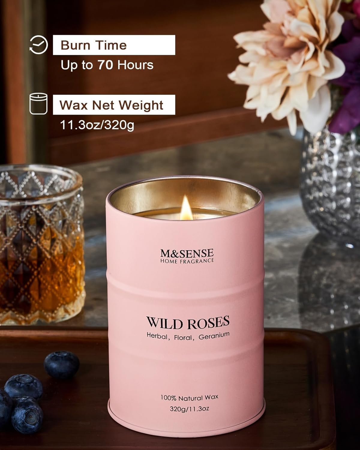Wild Rose Natural Scented Candle, 70 Hours Long Lasting Soy Candles 11.3oz, Stress Relief Aromatherapy Candles for Women, Romantic Candle Gifts Gifts for Her