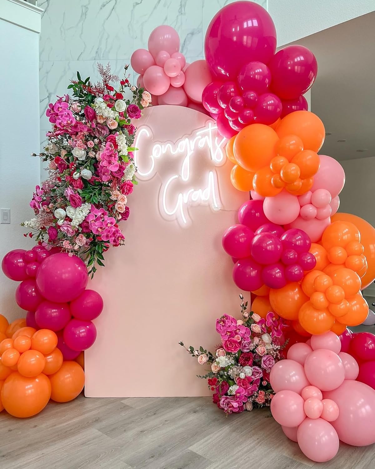 Pink and Orange Balloons 60PCS 12 inch Orange Hot Pink Light Pink Latex Balloons with Ribbons for Party Decoration