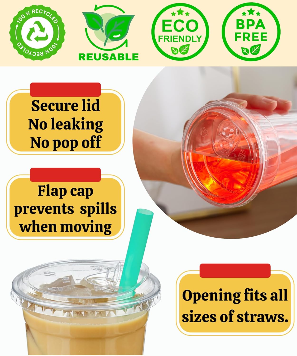 Clear Plastic Cups with Sip-Lids, 12 oz 50 Sets Disposable Coffee Cups Plastic Iced Coffee Cup with Strawless Lids, To Go Coffee Cup for Smoothie, Milkshake, Cold Drinks