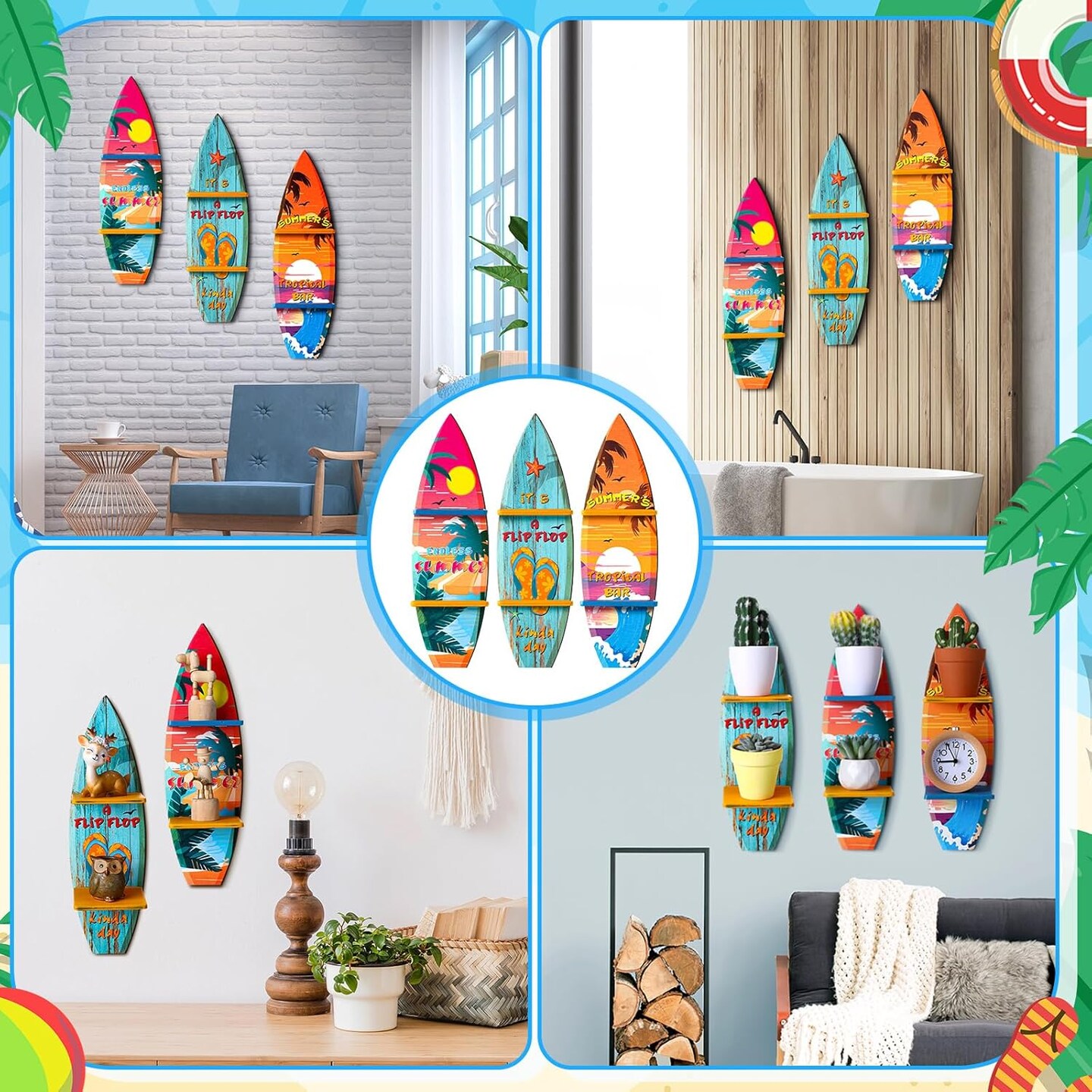 3 Pcs Surfboard Wooden Wall Shelf Surfboard Decor Hanging Sign with Shelf Beach Home Decor Decorative Surfboards for Wall Room Party Tropical Decoration(Summer)