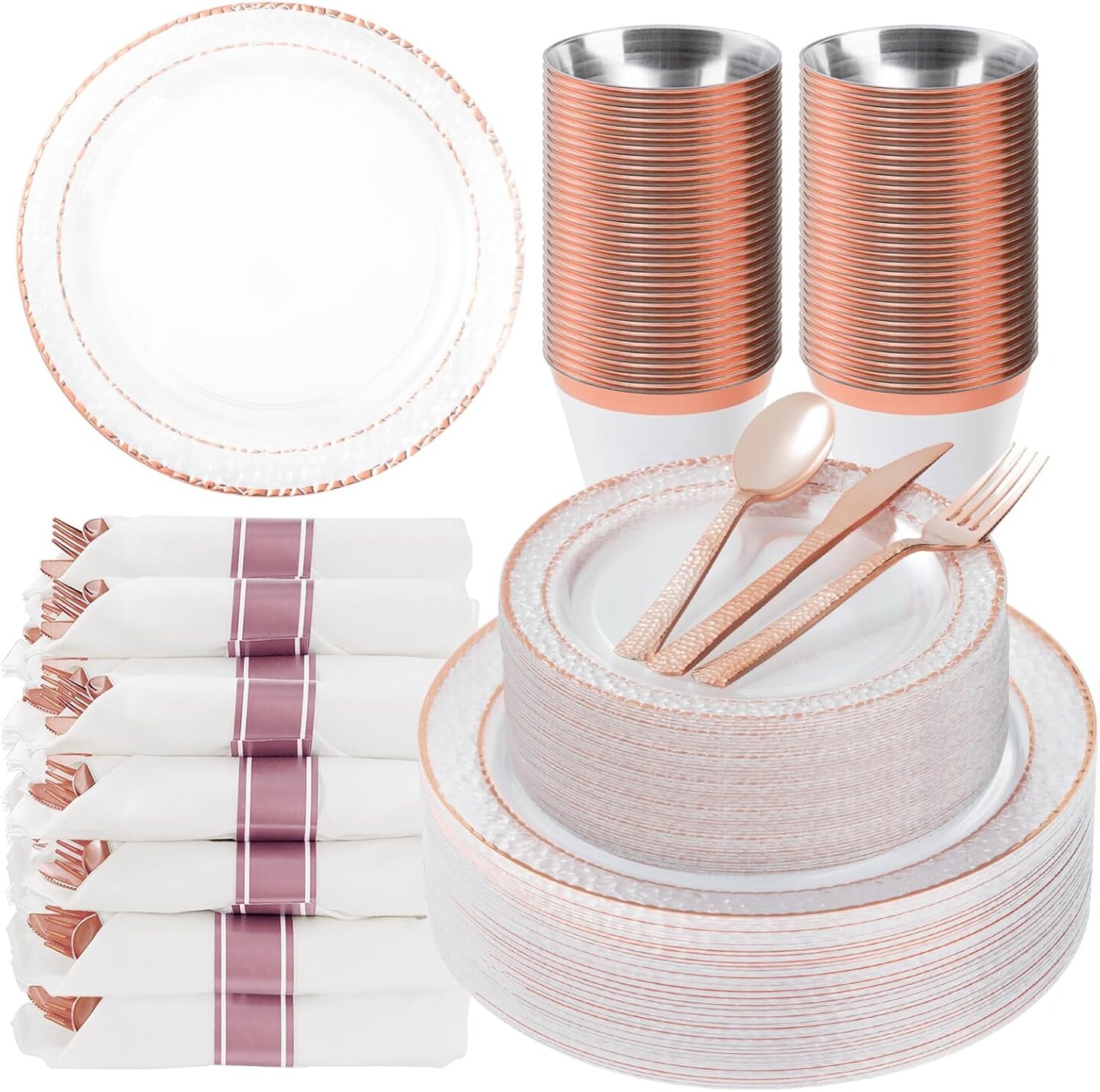 350PCS Gold Trim Plastic Dinnerware Set – Serves 50 Guests, Elegant Disposable Party Plates