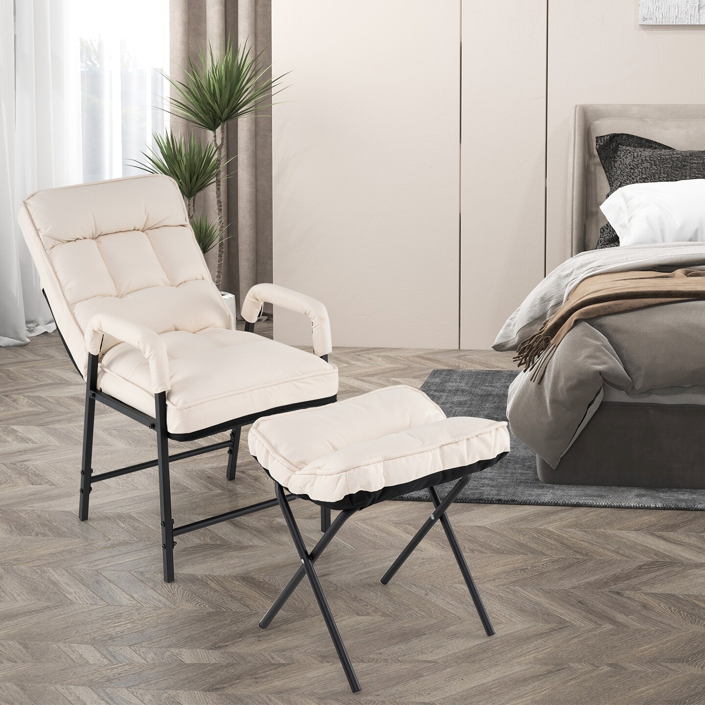 Beige Linen Recliner Chair with Ottoman and Adjustable Backrest Metal Frame Lounge Accent Seat