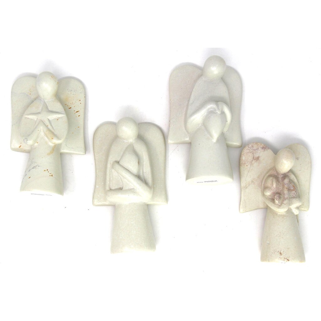 Cream Soapstone Angel Sculpture with Dog 5 inches Hand-Carved, Sanded and Waxed Finish