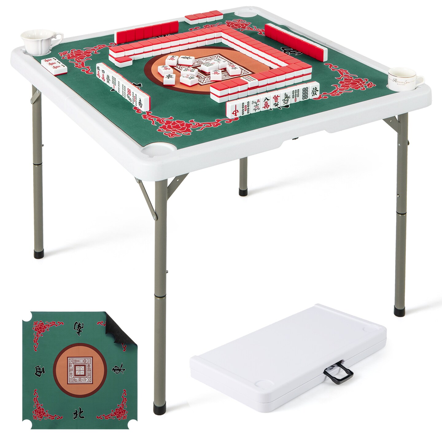 35&#x22; Foldable Mahjong Table with Mat and Handle Portable Game Table for 4 Players Indoor Outdoor Use