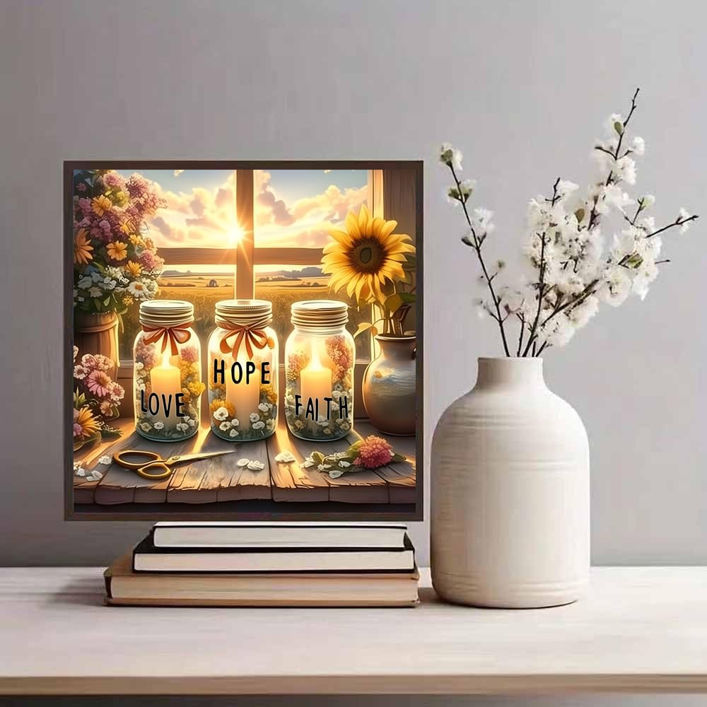 5D Diamond Art Painting Kits for Adults Beginner,Faith Hope Love Wish Bottle Diamond Art On Canvas,DIY Religious Christian Cross Diamond Dot Gem Arts Crafts for Wall Decor 11.8 X11.8CM