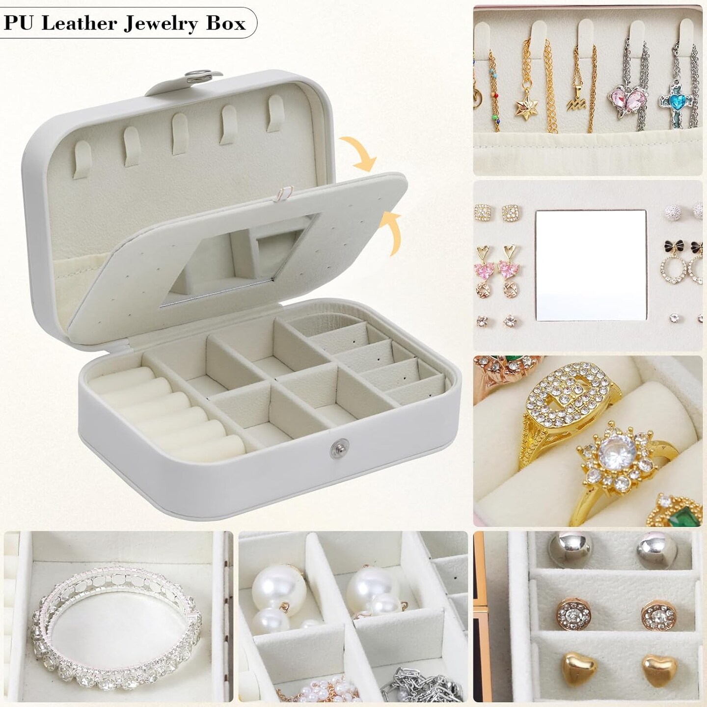 Jewelry Box Small Jewelry Storage with Mirror, White Jewelry Boxes for Women, Portable Mini Travel Jewelry Organizer for Necklaces, Earrings, Rings, Bracelets Christmas Gift for Women