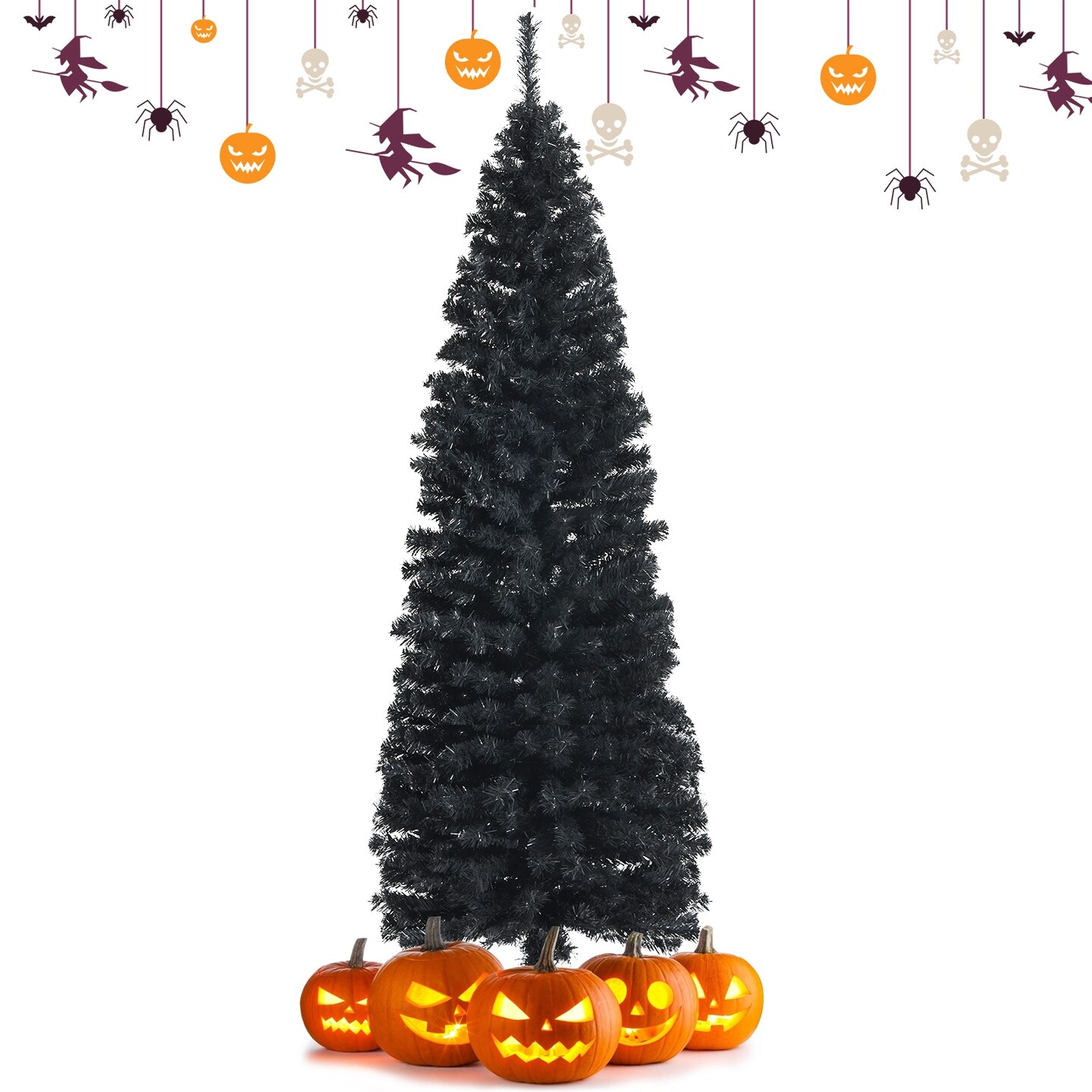 Slim 6 Ft Black Halloween Christmas Tree Pencil Style with 520 Tips and Iron Stand for Holiday Decor