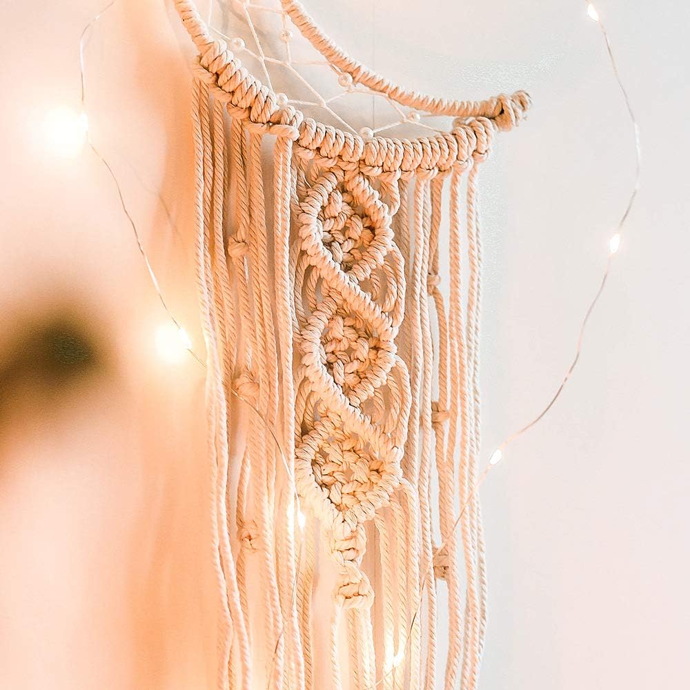Boho Macrame Crescent Moon Star Dream Catcher with Long Tassel (With Light)