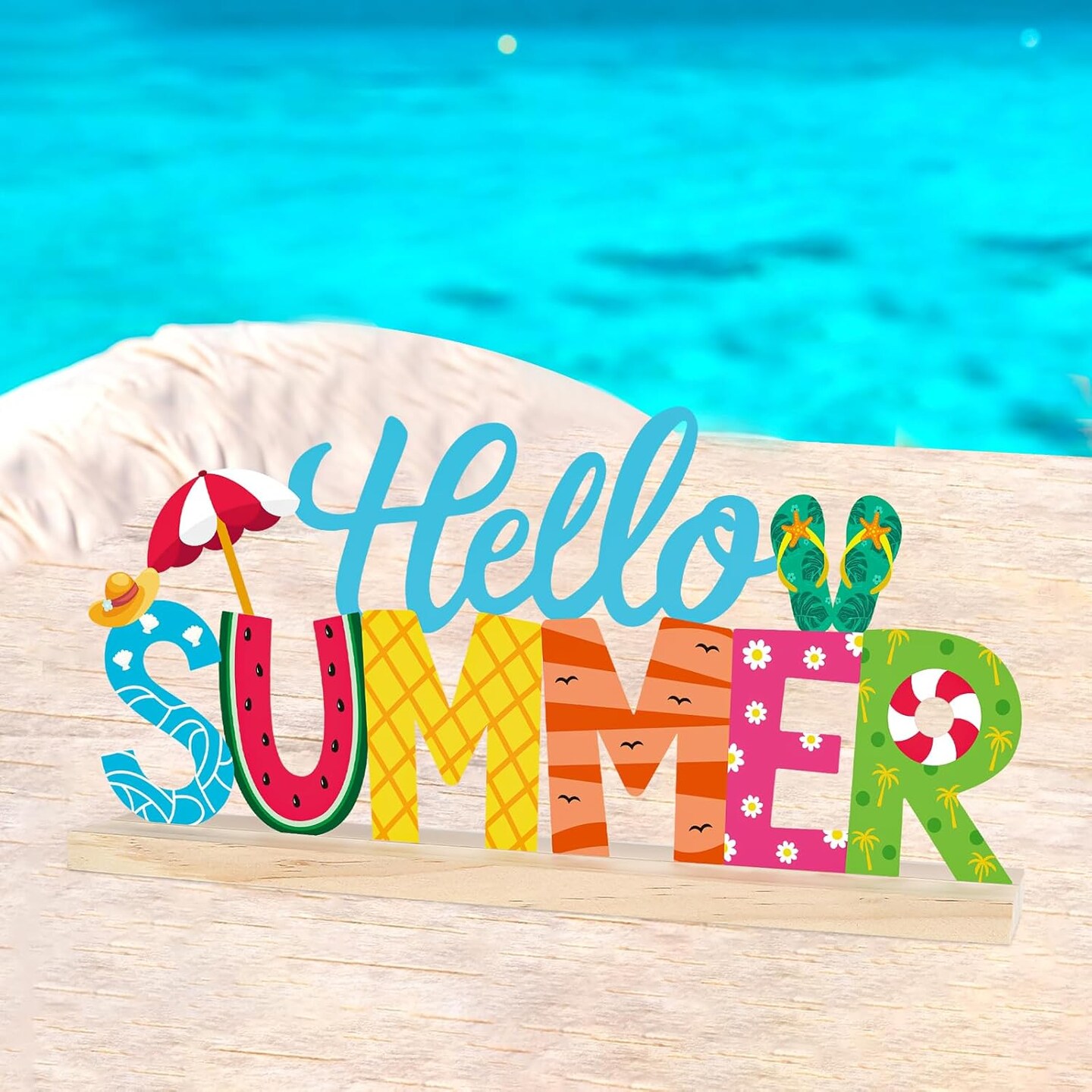 Metal Hello Summer Sign, Summer Decorations for Home, Office, Shelf, Mantel, Indoor, Beach Slippers Tabletop Centerpiece Decoration, Watermelon Red Decor (Beach)