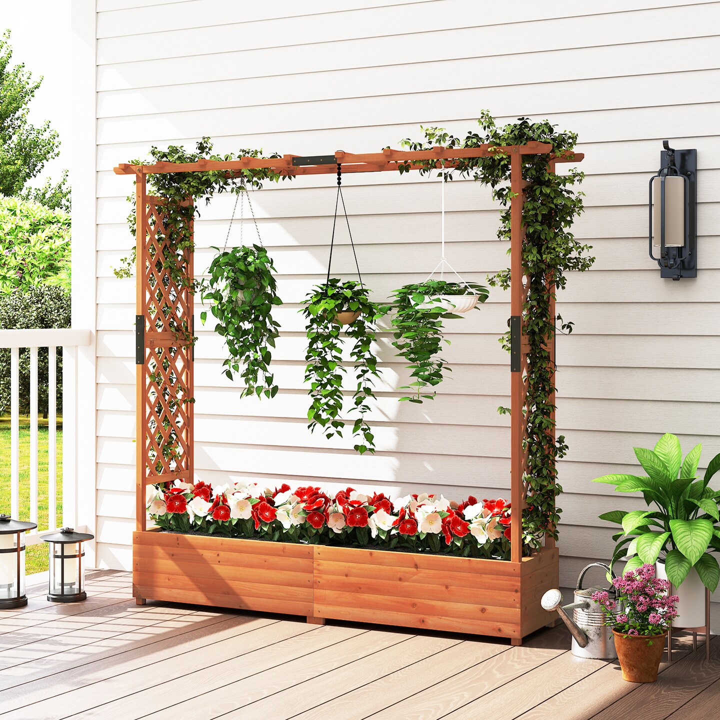 77-Inch Outdoor Wooden Raised Planter Box with Trellis and Drainage Vertical Garden Bed Frame