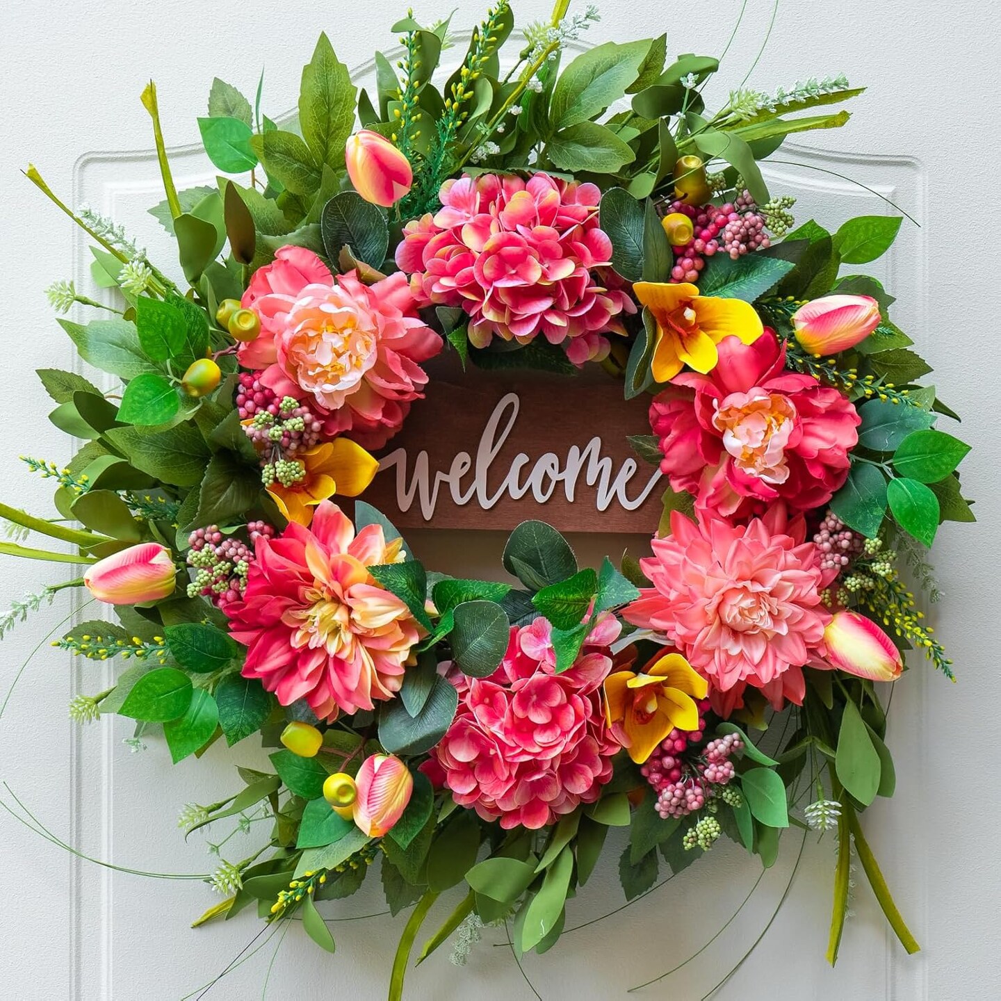 24" Outdoor Spring & Summer Wreath with Welcome Sign – Pink Peony & Hydrangea Floral Decor