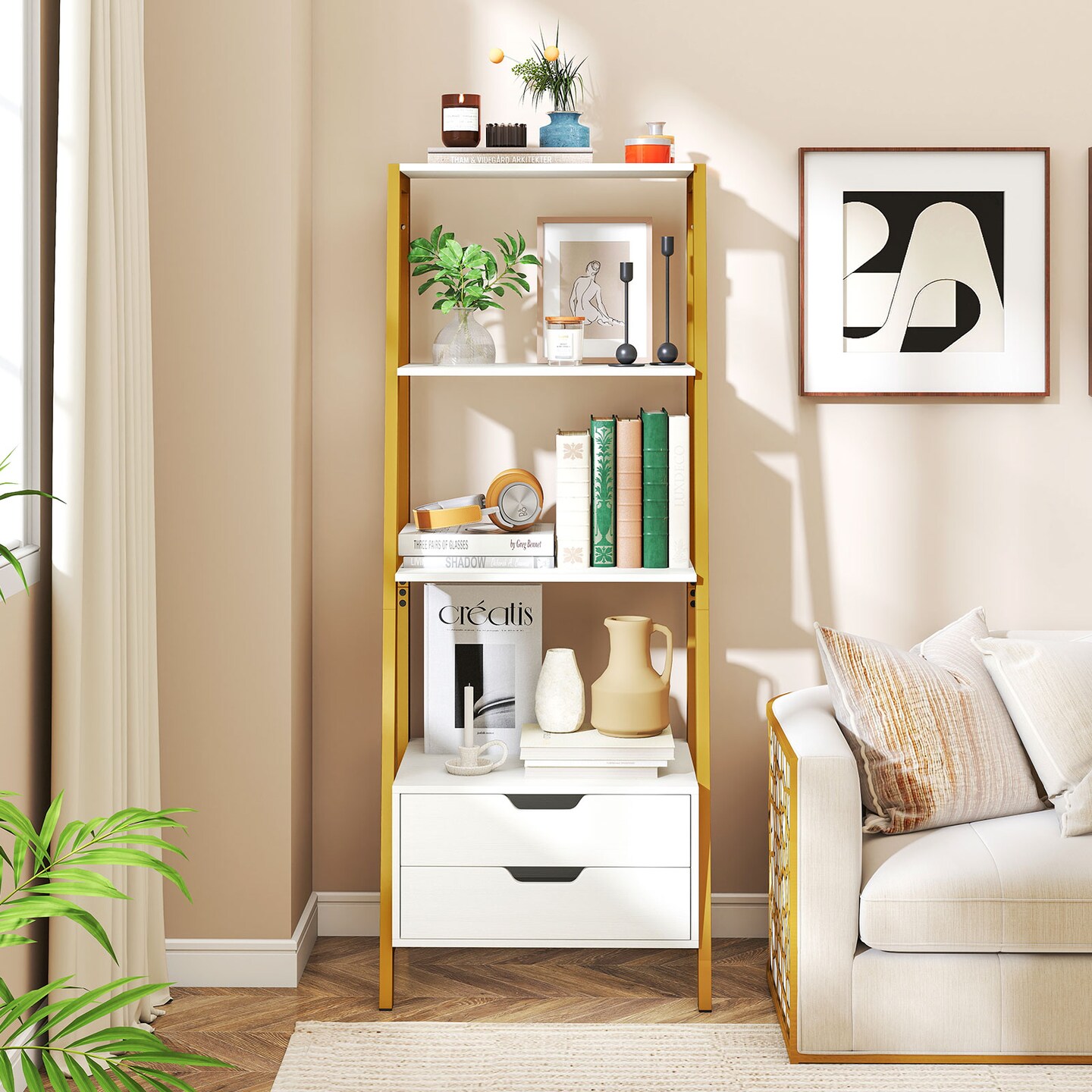 Modern 4-Shelf Ladder Bookcase with Drawers and Sturdy Metal Frame for Living Room or Kitchen
