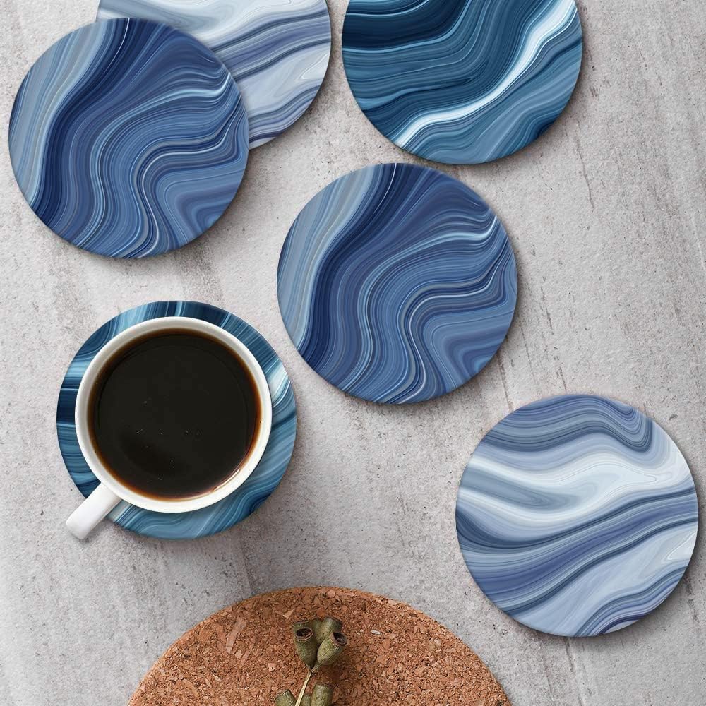 Coaster for Drinks Set of 6, Vintage Retro Colorful Blue Marble Absorbent Round Ceramic Stone Mat, with Cork Base and Metal Holder, Gift for Housewarming Room Bar Decor