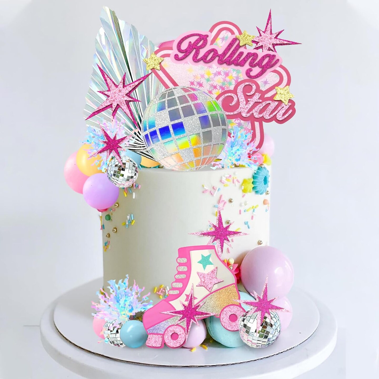 Roller Skate Cake Topper Disco Ball Cake Toppers Pastel Ball Cake Decorations Hot Pink Stars for Girls 80s 90s Skating Hip Hop Theme Rolling Party Decorations
