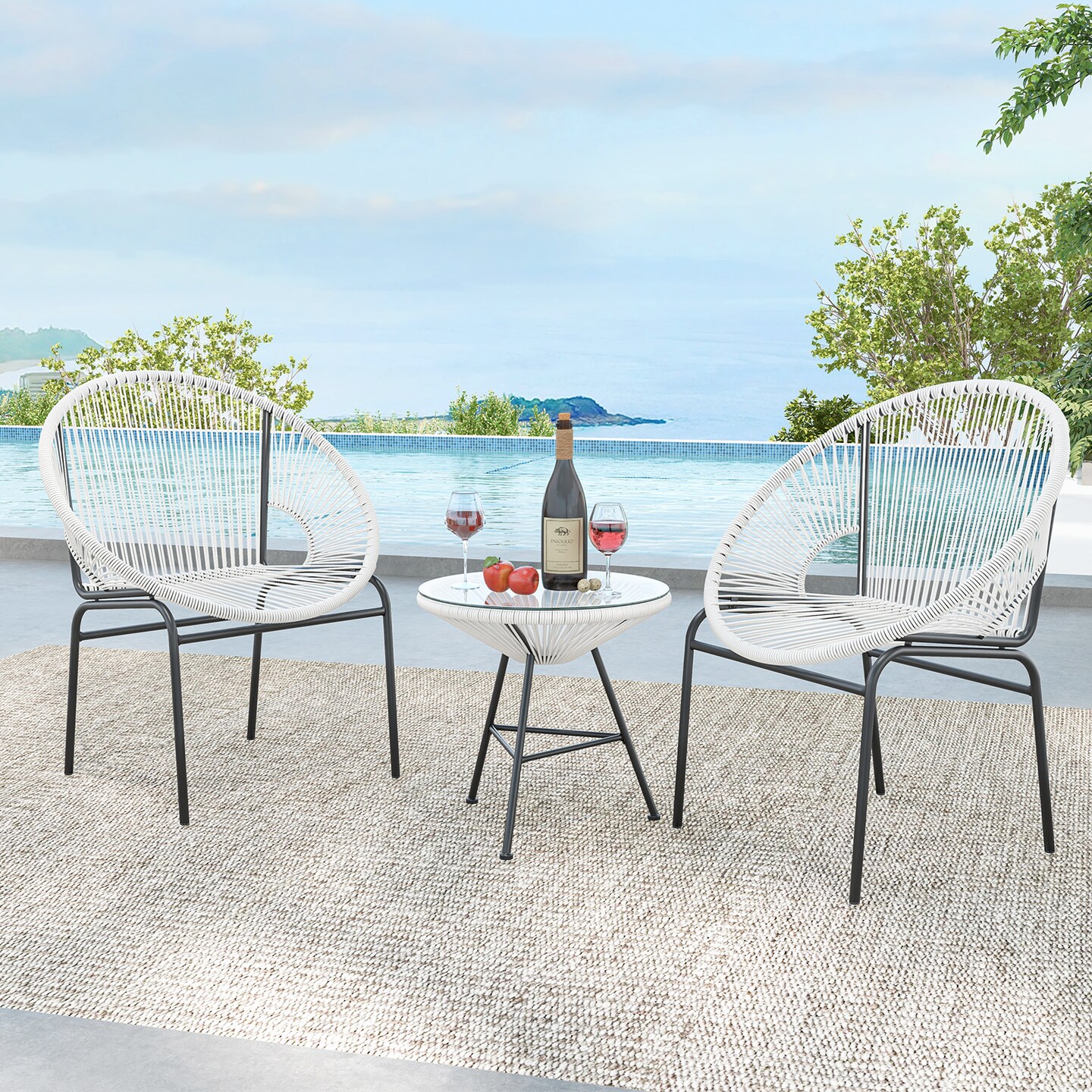 3-Piece White Acapulco Patio Set with 2 Chairs & Tempered Glass Table