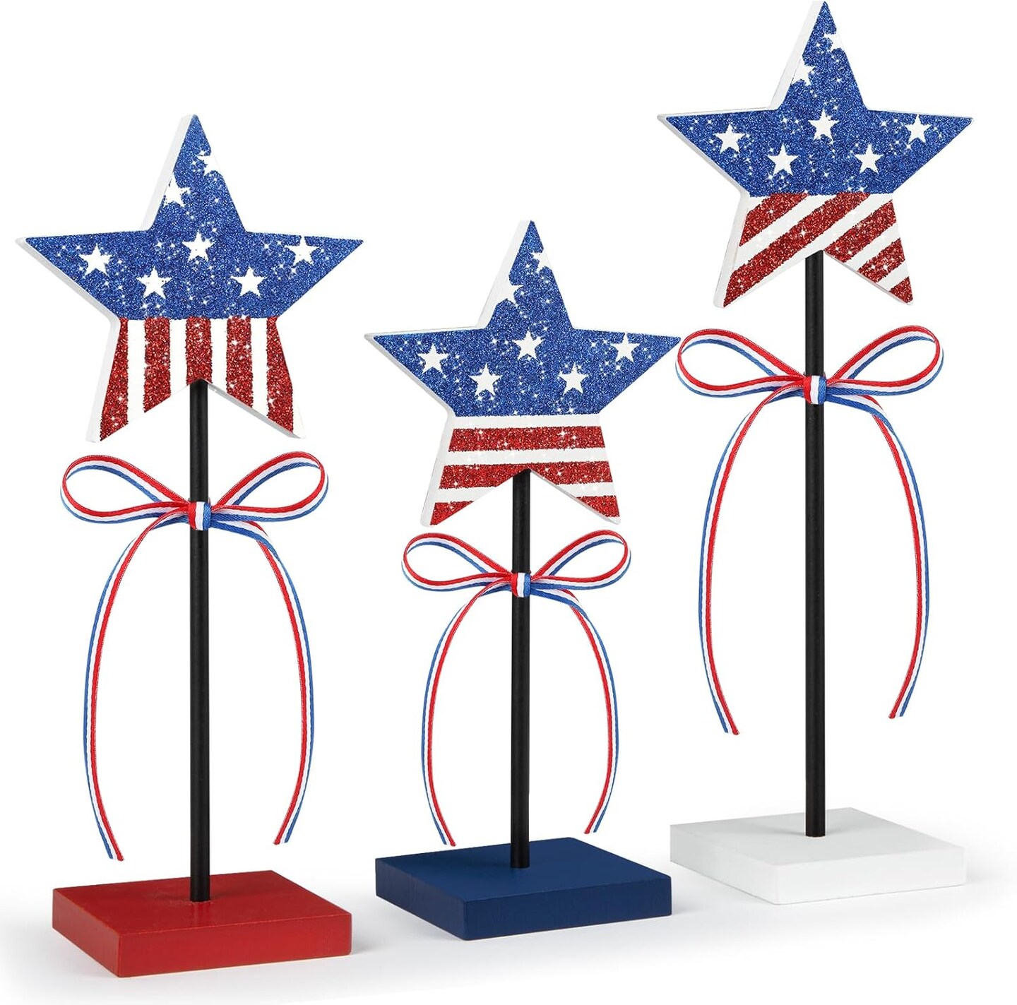 3 PCS 4th of July Table Decorations Wooden Star Set, Rustic Patriotic Decor, Red White and Blue Decorations for Home (Stripe)