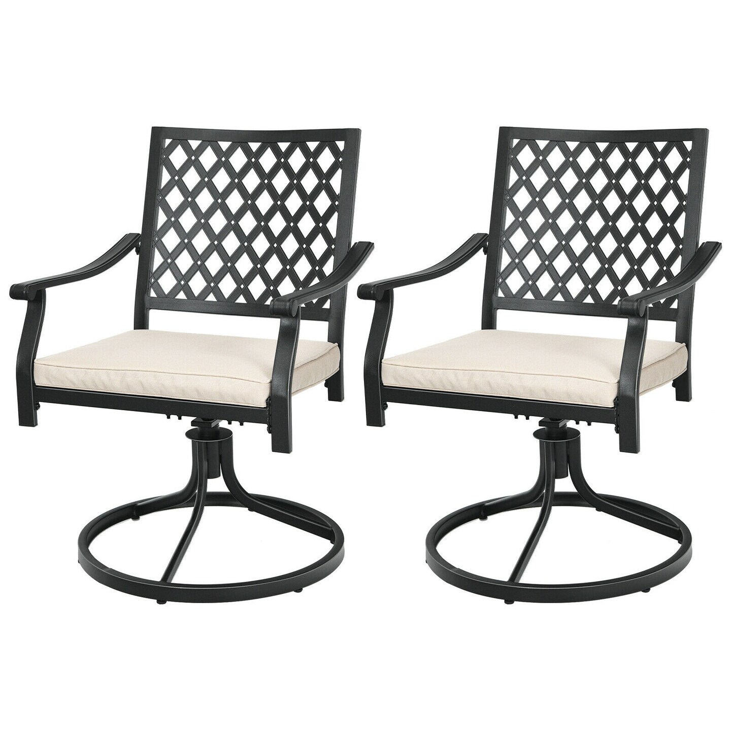Set of 2 Beige Swivel Rocking Outdoor Chairs with Heavy-Duty Steel Frame and Removable Cushions