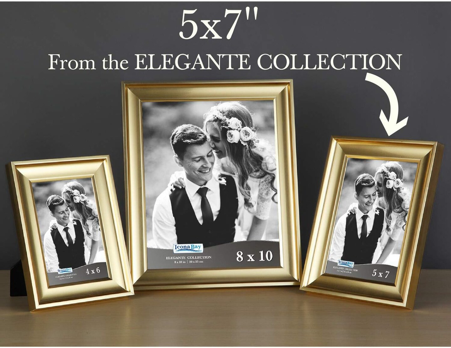 5x7 Gold Picture Frame, Contemporary Photo Frame, Wall Mount or Table Top, Elegante Collection