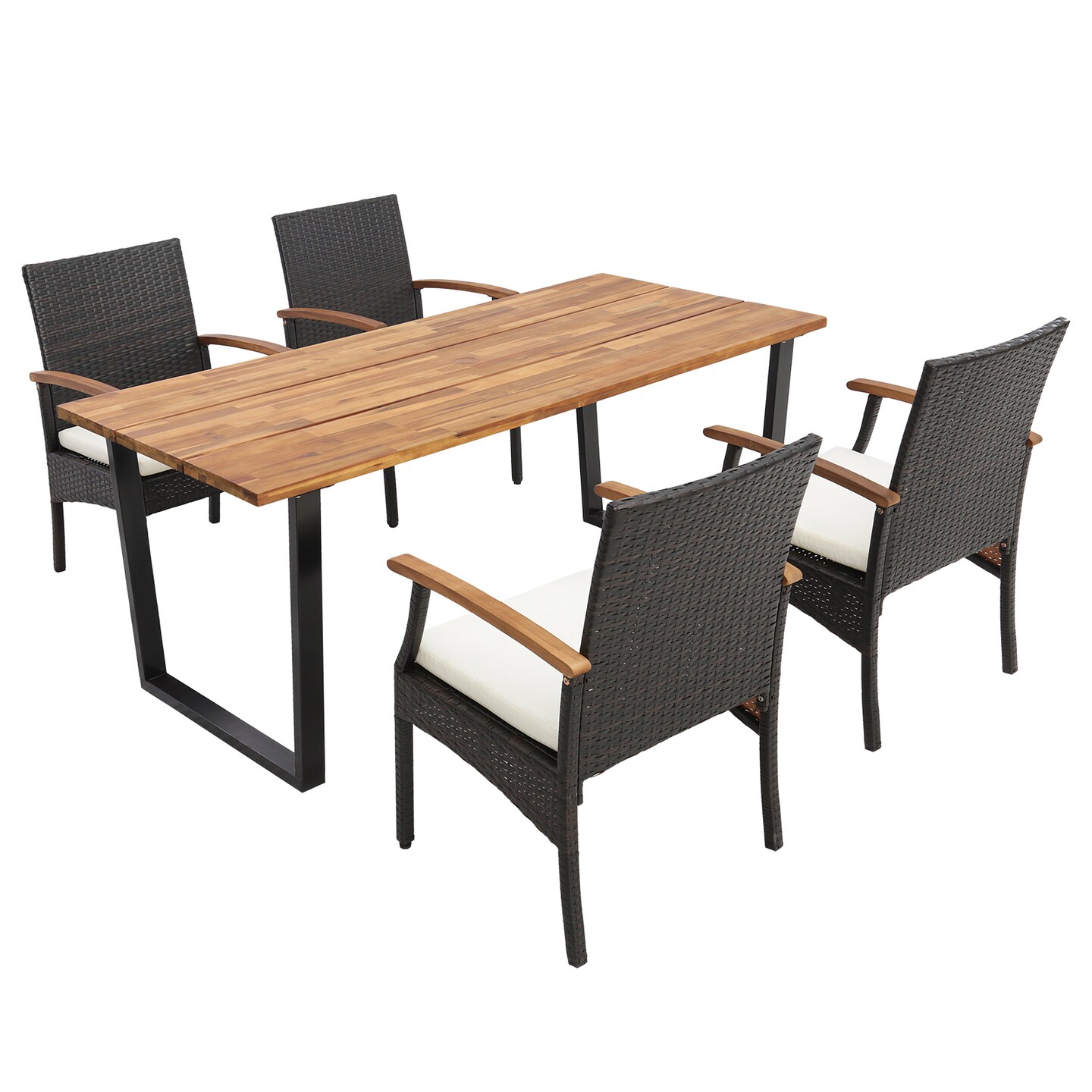7-Piece Outdoor Patio Dining Set with Acacia Wood Table & Cushioned PE Rattan Chairs