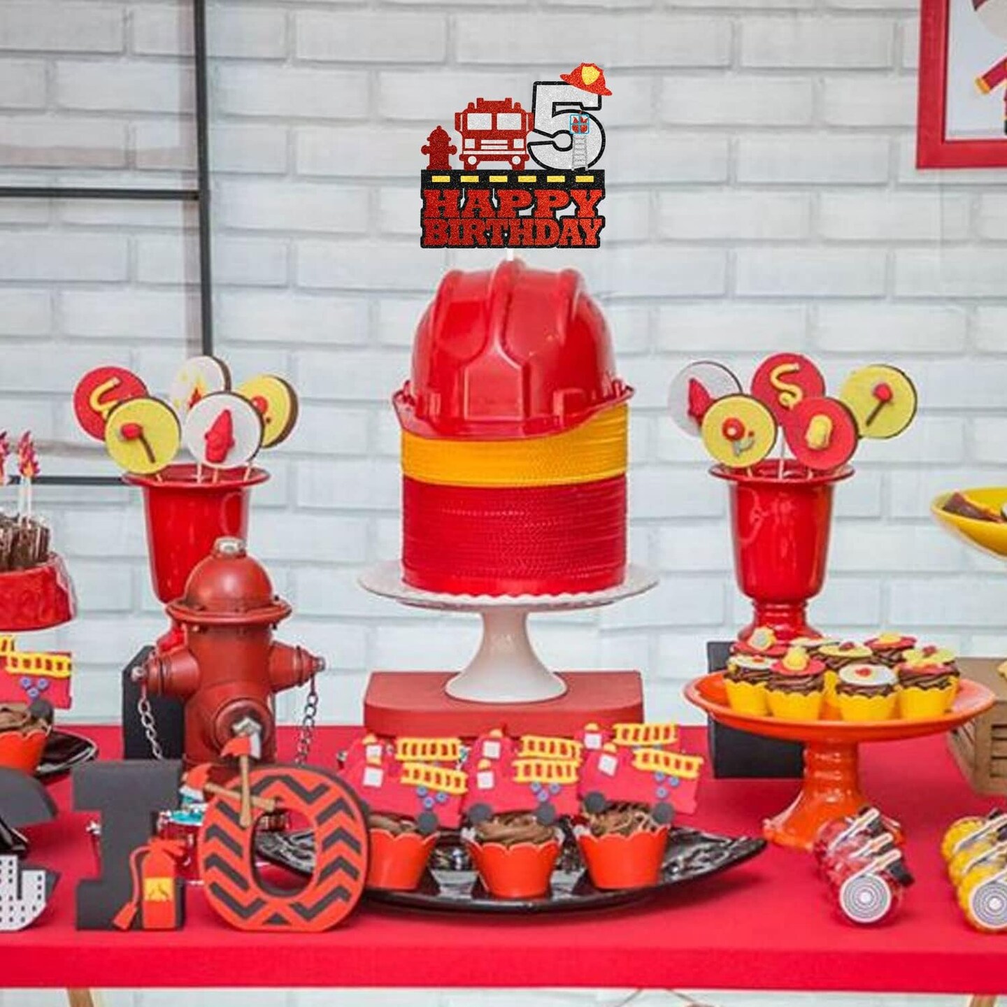 Kid's Firefighting Theme 5th Birthday Cake Topper - Fire Themed Party Fire Truck Ladder Fire Hydrant Fire Hat Happy Birthday Decoration