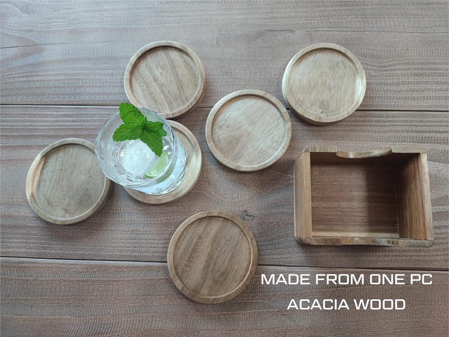 6 Piece Acacia Wood Coaster Set with Holder in a Gift Box, Made from one pc Solid Acacia Wood, Made in Vietnam.