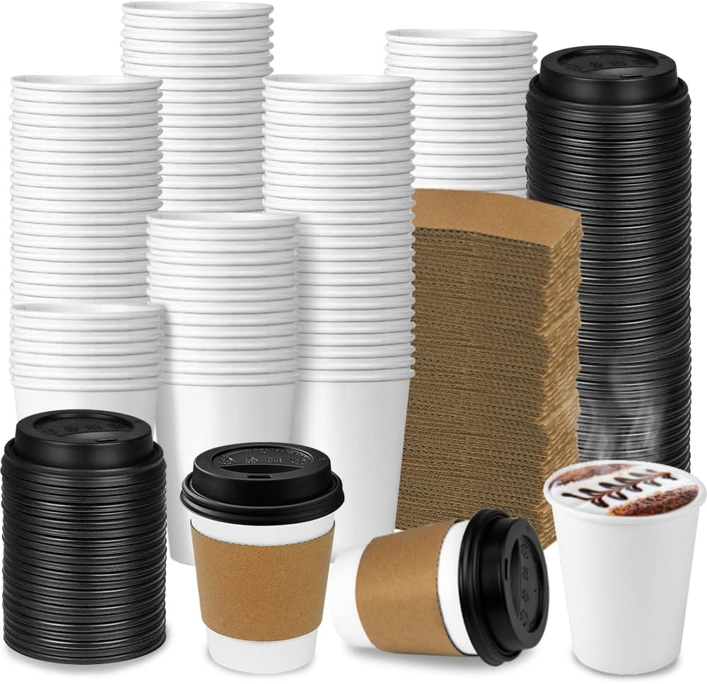 100-Pack 8 oz Thickened Disposable Coffee Cups with Lids and Sleeves, To Go Cups for Hot Beverages, Perfect for Hot Coffee, Cocoa, and Chocolate