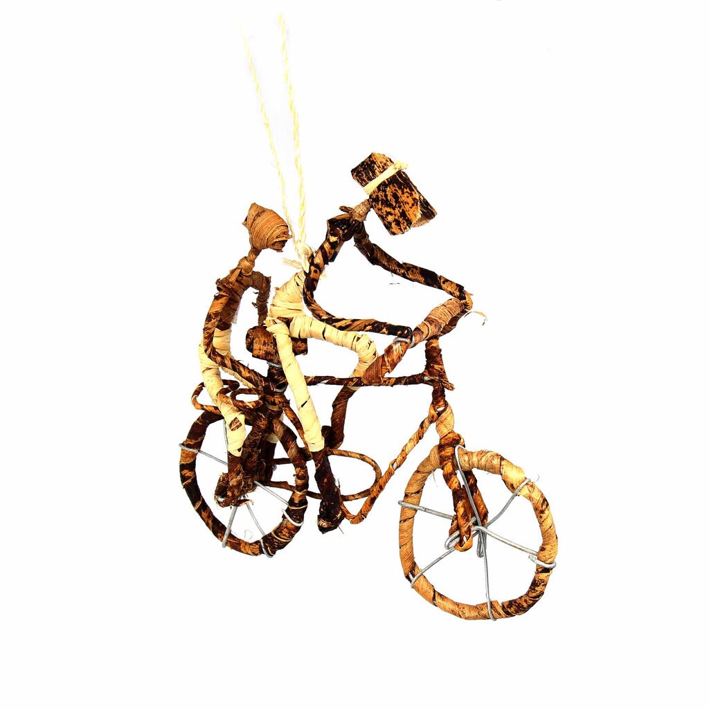 Brown Banana Fiber Bicycle Ornament Set with Two People Figures and Long Rope for Hanging