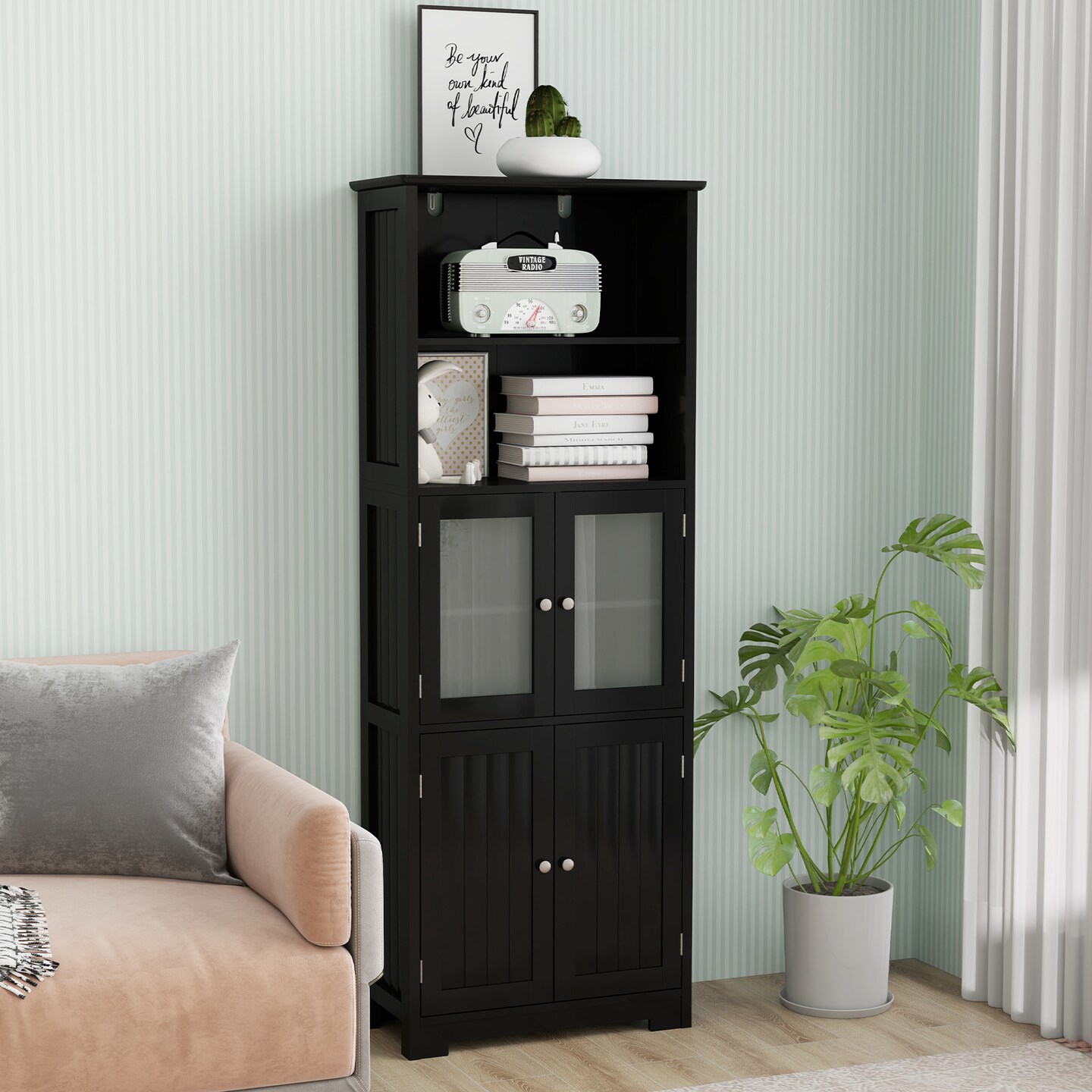 Black MDF Tall Storage Cabinet with Glass Doors and Adjustable Shelves
