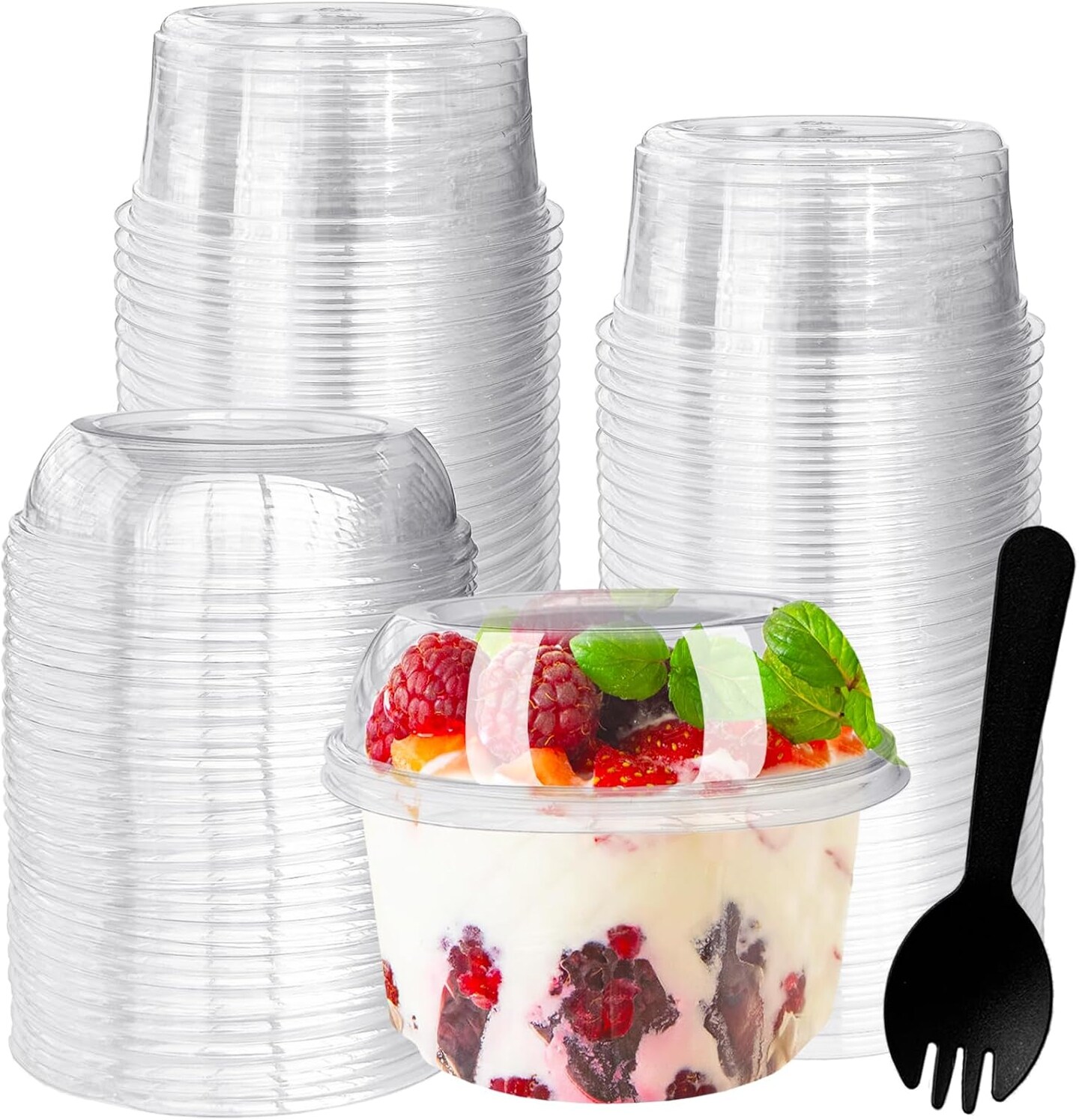 50 Pack 12 oz Disposable Clear Plastic Cups with Dome Lids and Spoons,Plastic Dessert Cups,Disposable Snack Bowls for Ice Cream,Cake,Snacks,Fruit,Cold Drinks,Milkshake,Pudding,Salad