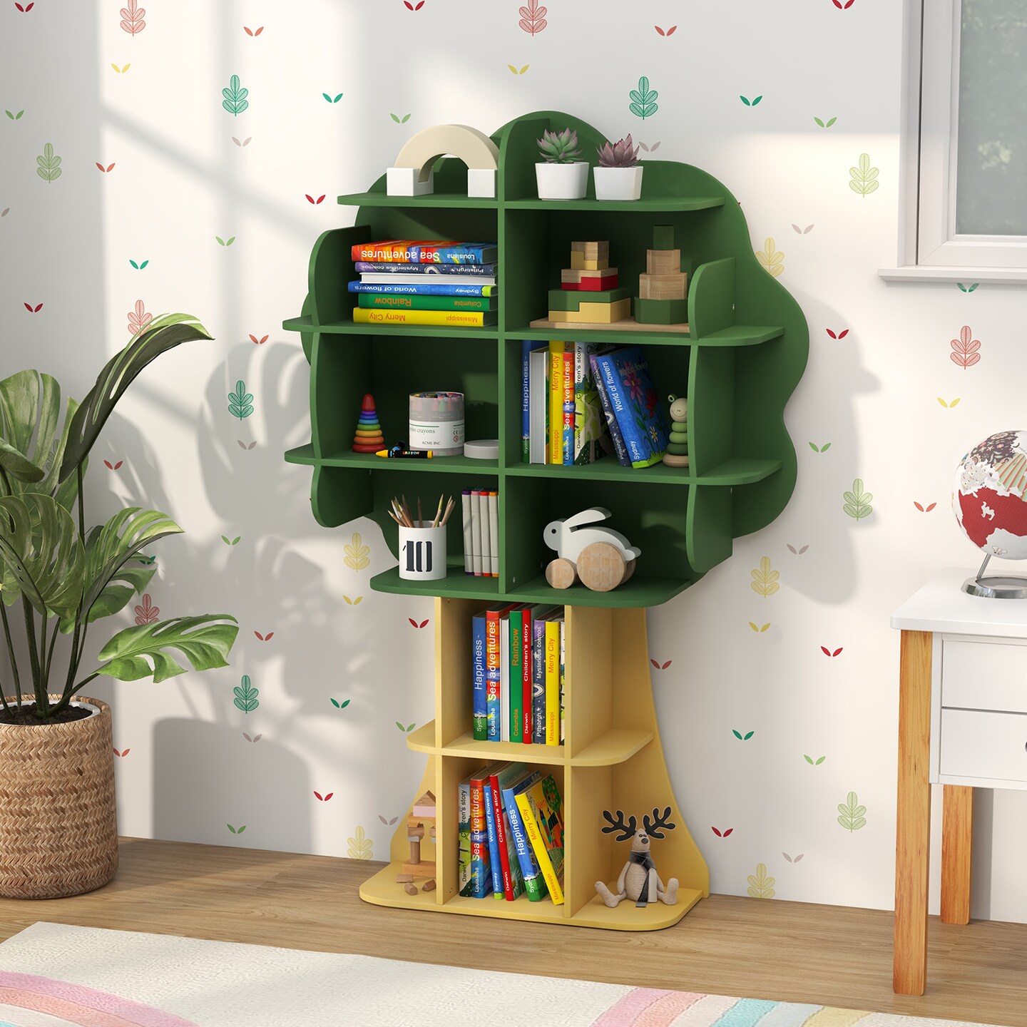 53" Tall Green Wooden Tree Bookshelf for Kids with 6 Open Storage Shelves for Toys and Learning