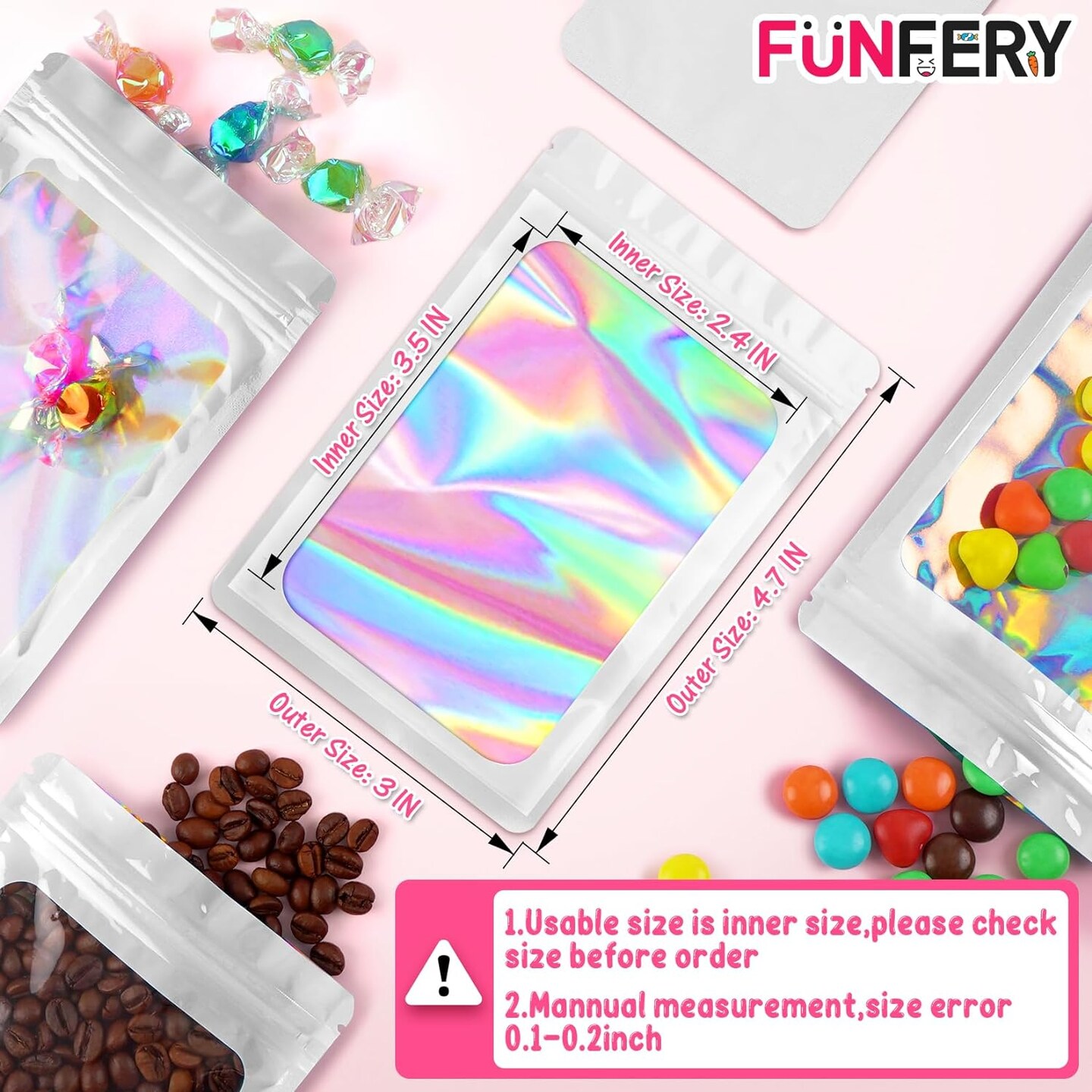 100 Pack Resealable Bags Clear Holographic Bags,Smell Proof Packaging Baggies,Mylar Food Storage Bag,Zipper Sealing Bag for Coffee Beans,Cookies,Jewelry Sample Small Business(White,3x4.7in)