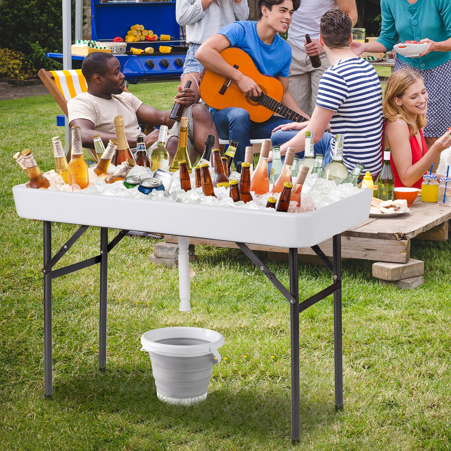White HDPE Folding Ice Cooler Table with Metal Legs and Drain Hose