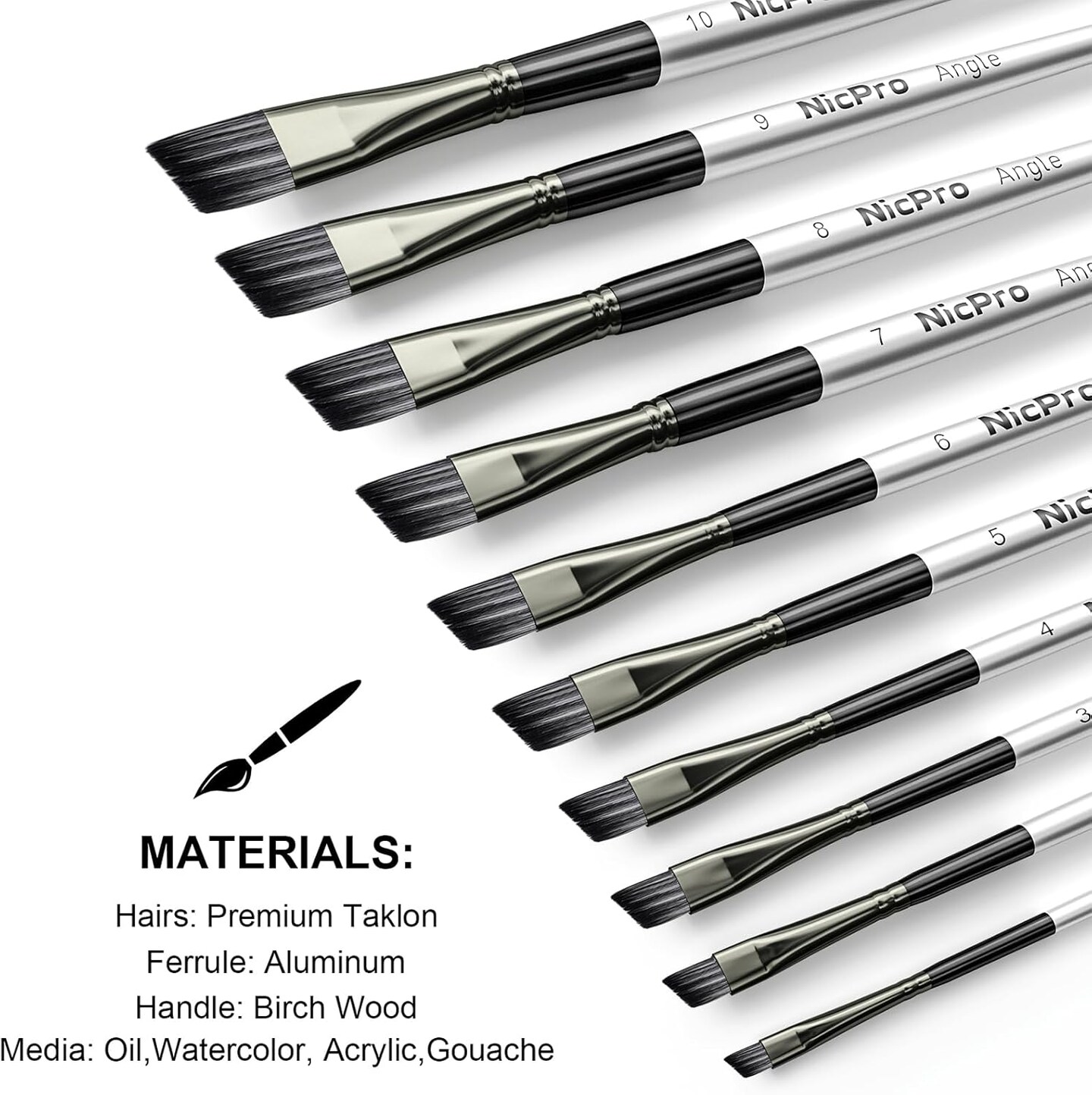 10 PCS Angular Paint Brush Set, Soft Anti-Shedding Nylon Hair Long Handle Angled Paint Brushes, Suitable for Artists and Beginners for Watercolor, Acrylics, Ink, Gouache, Oil, Tempera