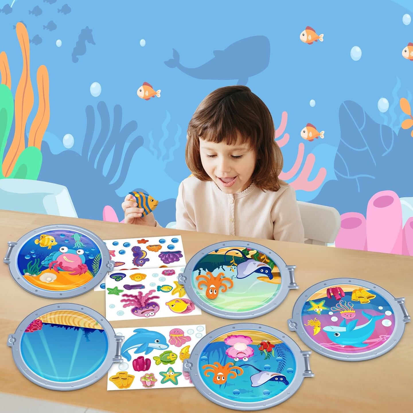 28pcs Under The Sea Party Crafts for Kids - Make Your Own Ocean Animal Stickers Scene Kits for Birthday Favors, Beach Party Decorations