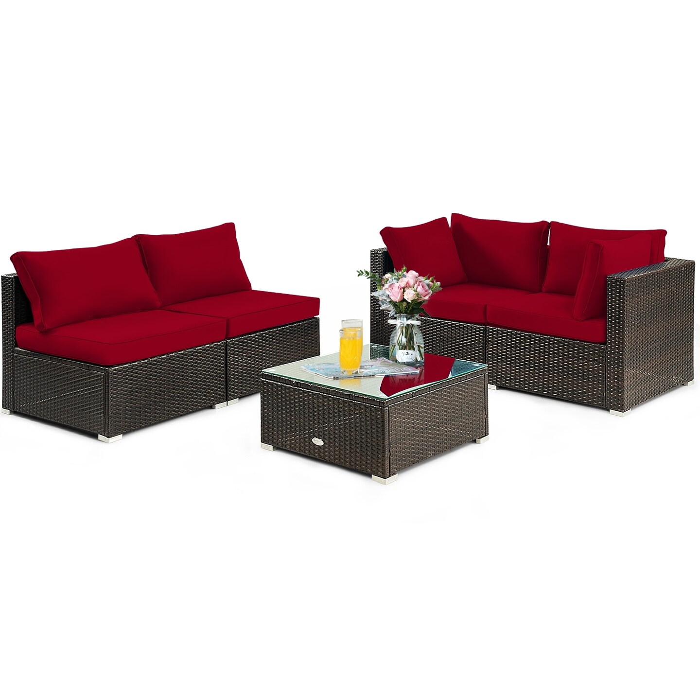 5-Piece Brown PE Rattan Outdoor Sectional Sofa Set with Tempered Glass