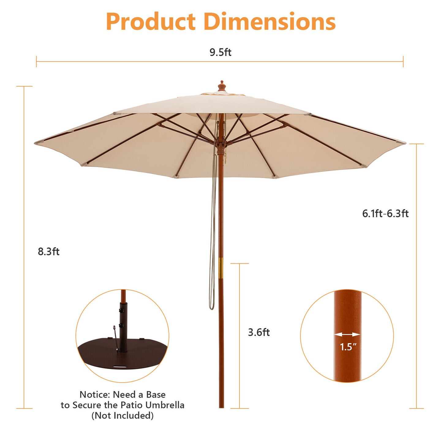 Beige 9.5 Ft Patio Umbrella with Air Vent 3-Position Tilt Rustproof Wooden Pole and Polyester Canopy