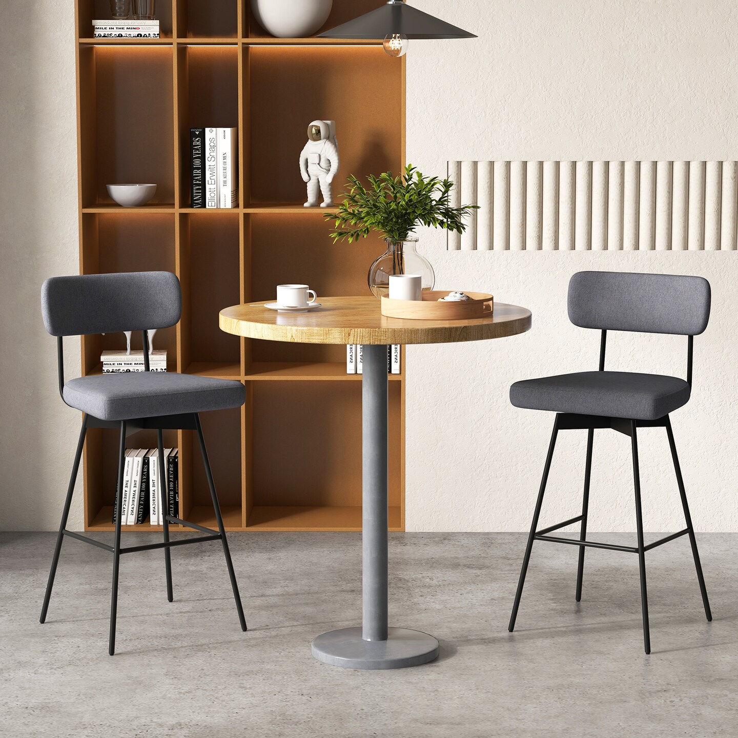 Set of 2 Grey Linen Upholstered Bar Stools with 360 Degree Swivel Metal Frame and 29” Seat Height
