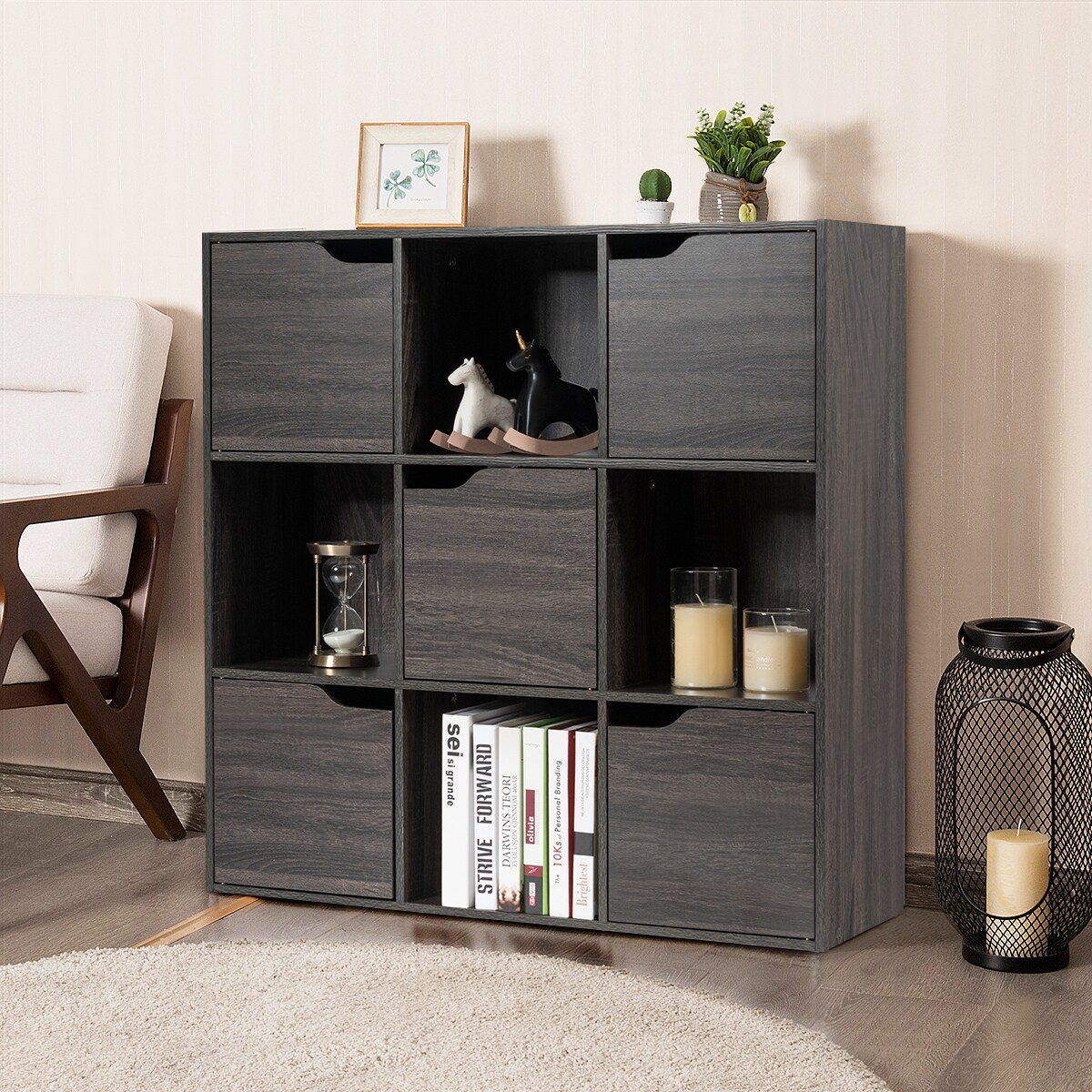 3-Tier Grey Chipboard Space-Saving 9-Cube Bookcase with Enclosed Doors for Home or Office