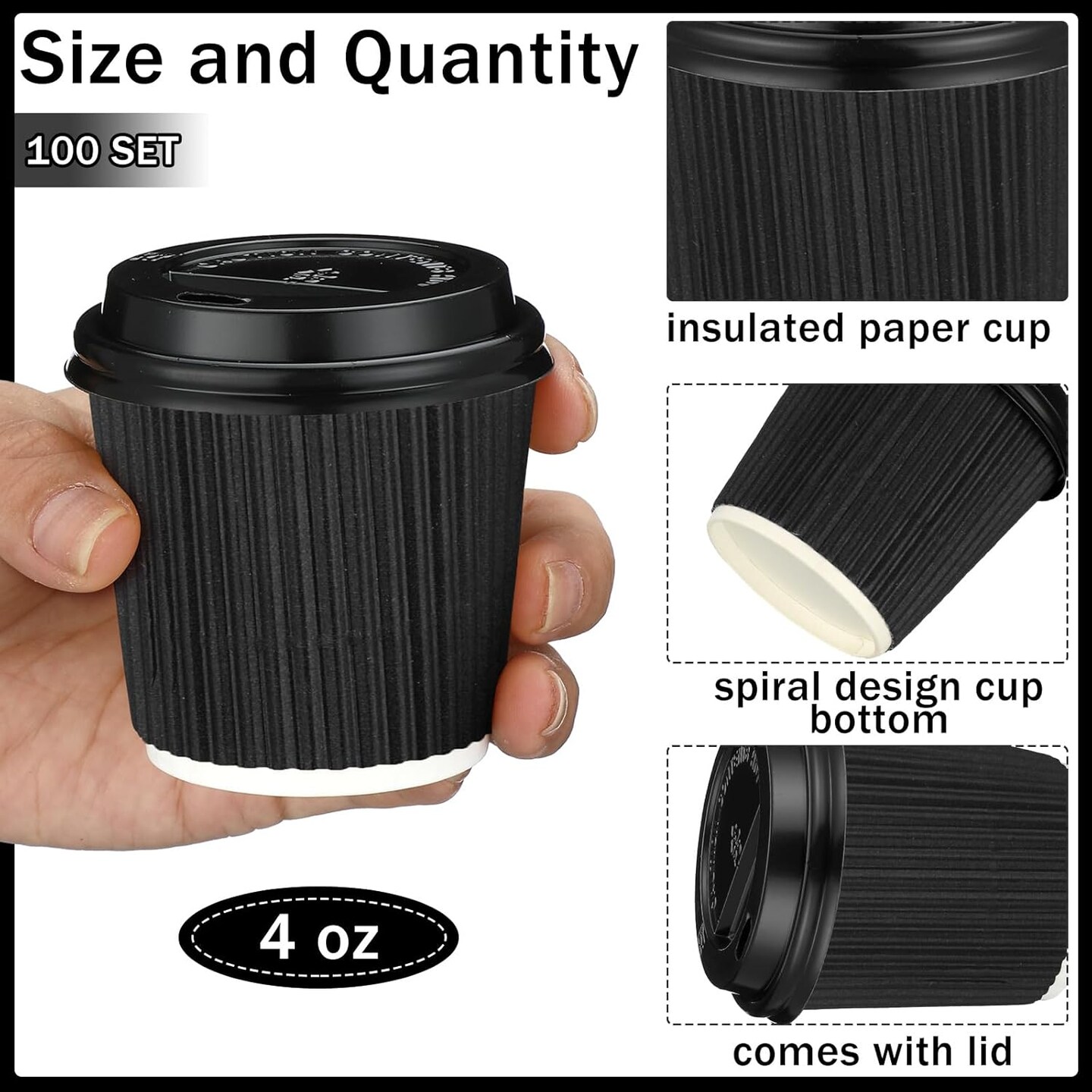 100 Set 4oz Disposable Espresso Cups with Lids Ripple Corrugated Paper Disposable Coffee Insulated Hot Ripple Cups for hot Chocolate, Tea, and Cocoa Drinks