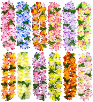 Kit Com 12 Leis Havaianos Coloridos - Flores Tropicais Para Festa Luau E Decoração