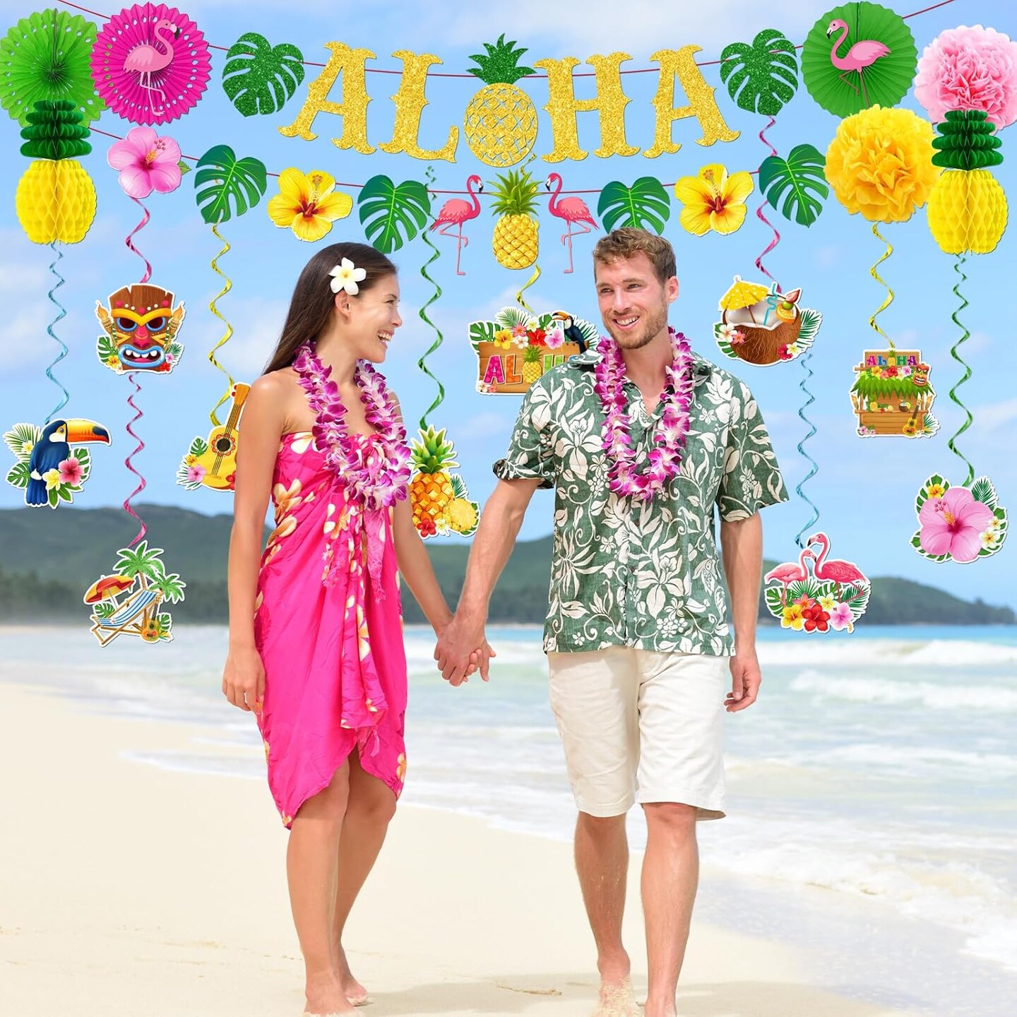 Hawaiian Party Decorations, Luau Decorations includes Glitter Aloha Banner Tropical Hawaii Hanging Swirls and Tissue Pom Poms, Hawaiian Luau Decorations for Summer Tropical Beach Tiki Bar Party