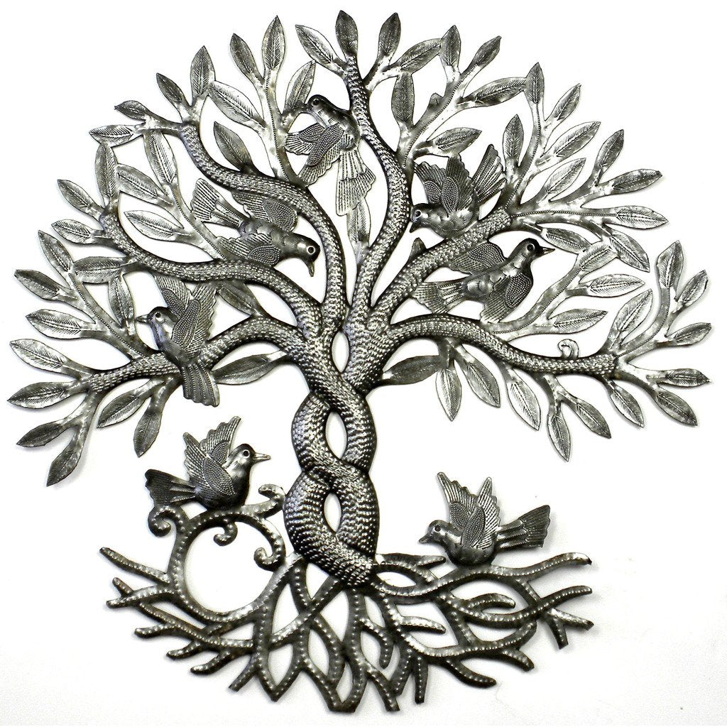 Silver Upcycled Steel Lacquered Entwined Twisted Tree of Life Metal Wall Art