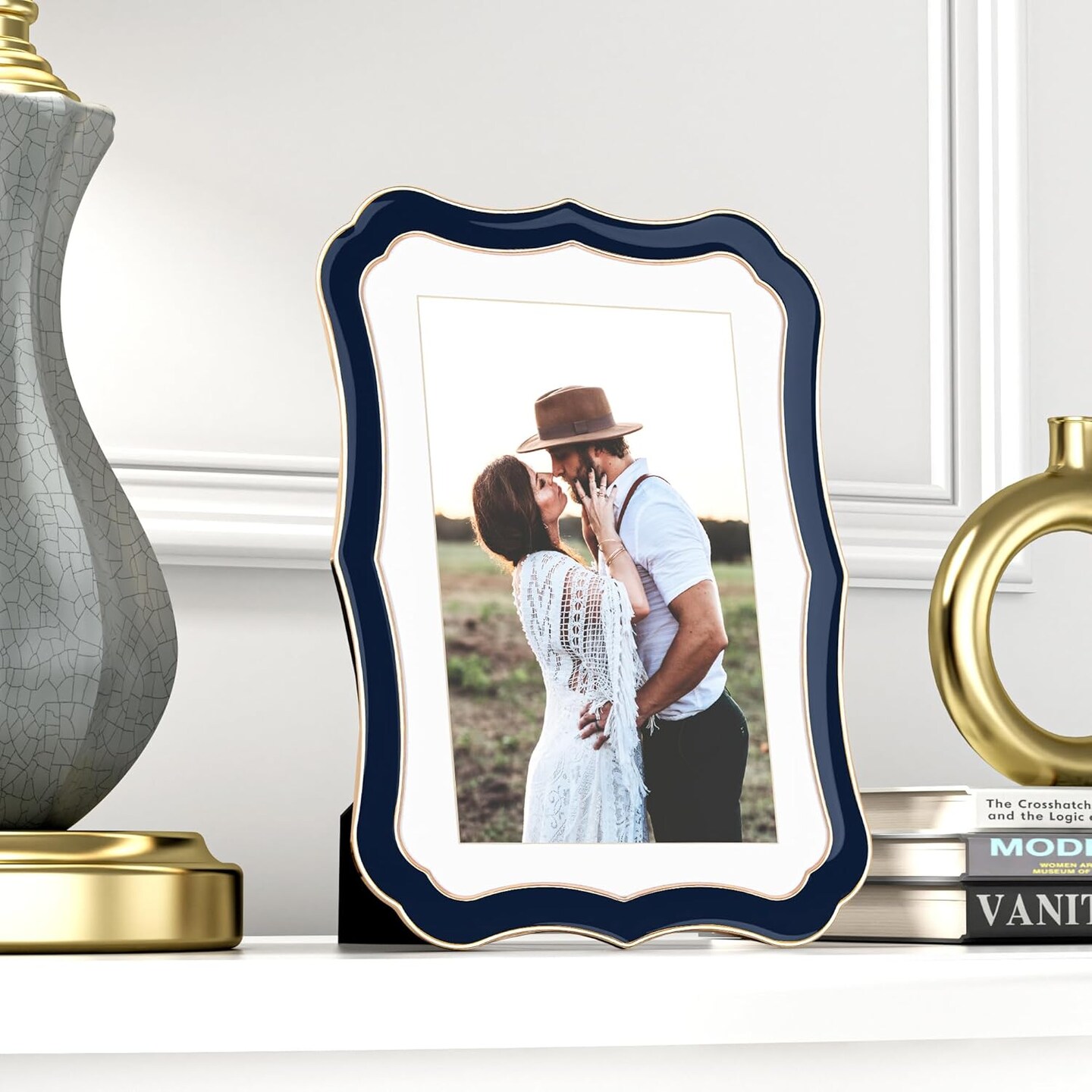 5x7 Enamel Picture Frame with HD-Tempered Glass, Display 4x6 Photo with Mat, Ornate Photo Frame with Metal Edge & Velvet Back for Tabletop & Wall Mount Vertically or Horizontally Display, Navy Blue