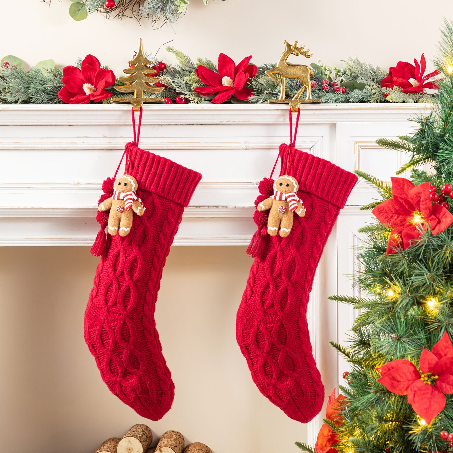Set of 2 22&#x22;L Knitted Christmas Stockings with Pompon Tassel