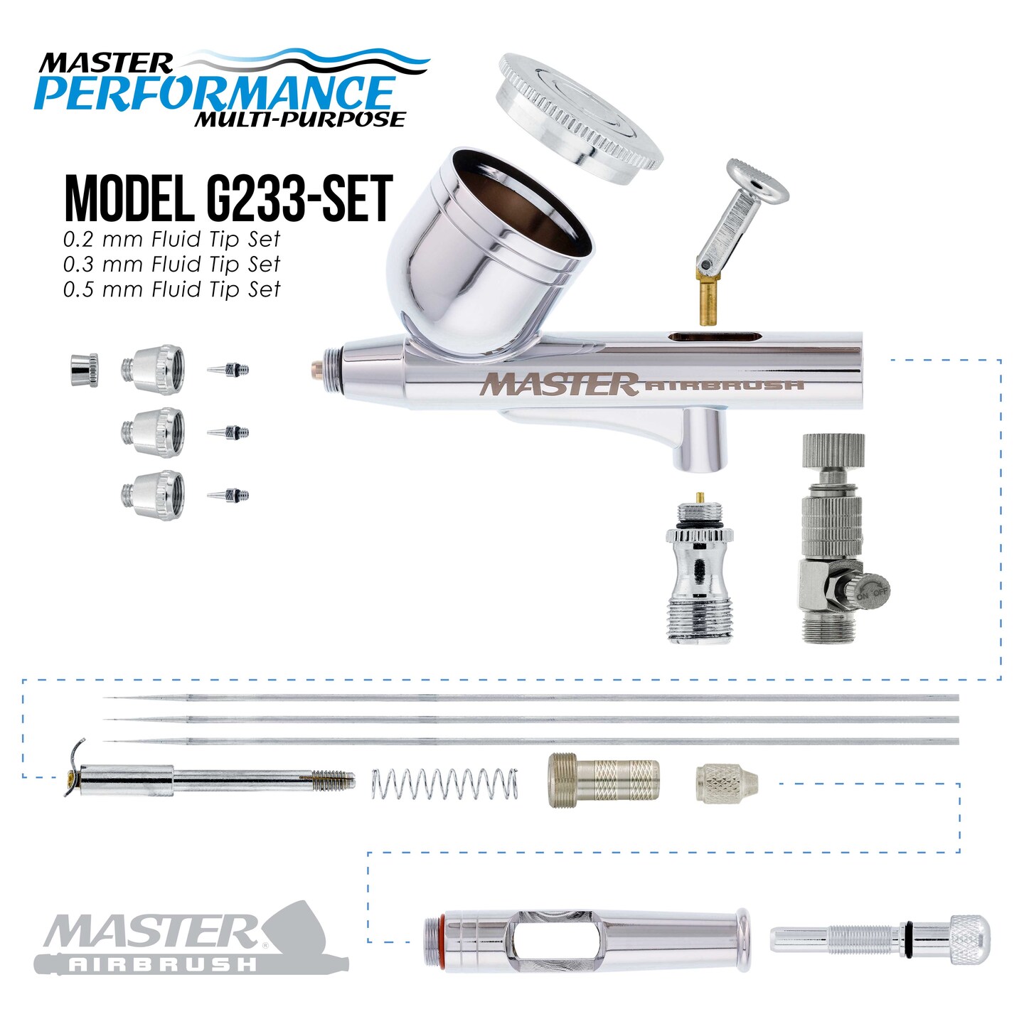 Master Performance G233 Airbrush Kit with Master Black Mini Portable Compressor C16-B &#x26; Air Hose