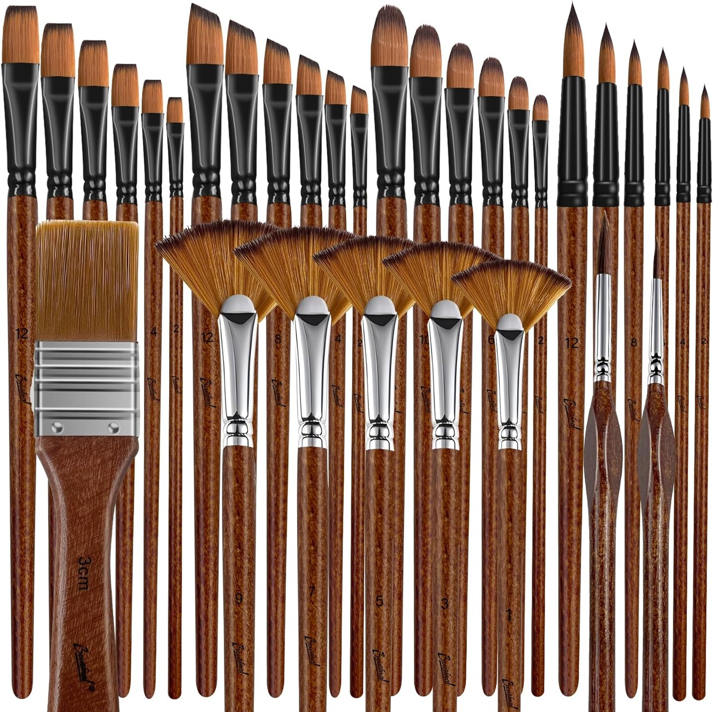 32 Pieces Paint Brush Set, Back to School Supply, Nylon Bristles with Round, Filbert, Flat, Fan, Angle, Fine Detail Brush, Suitable for Acrylic Painting, Oil, Watercolor(Birch Wood Handle)